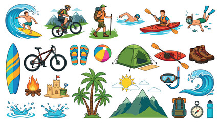 Naklejka premium Surfer bicyclist hiker swimmer kayaker diver camping beach mountain summer activity icons set
