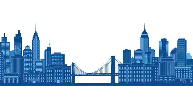 Blue City Skyline with Bridge Illustration - Urban Landscape Graphic