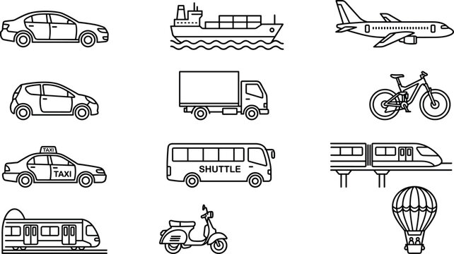 Transportation Vehicle Icon Set with Cars, Trucks, Bicycles, Airplanes, Boats, and More for Travel, Logistics, and Design Projects