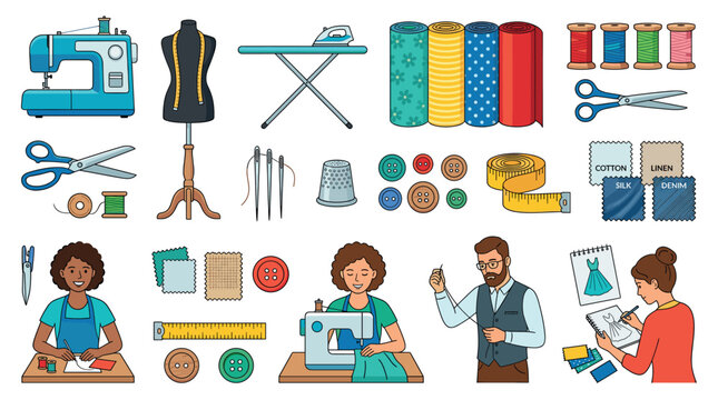Sewing machine mannequin ironing board fabric rolls thread spools scissors needles thimble buttons measuring tape fabric swatches people sewing and designing vector illustration set