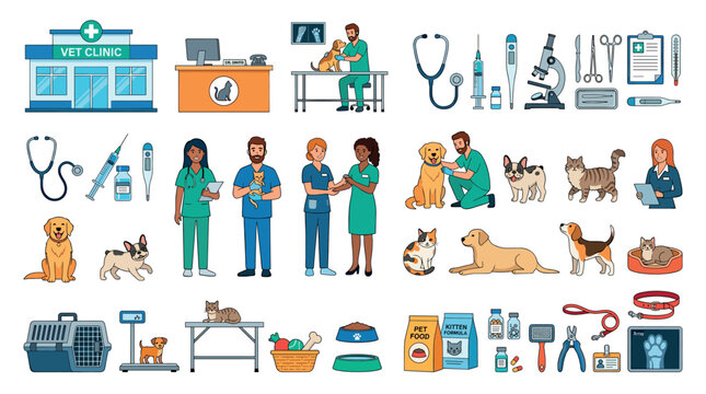Vet clinic building, reception desk, veterinarians, dogs, cats, medical equipment, and pet care supplies vector illustration set