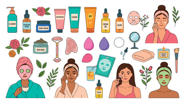 Skincare products cleanser serum cream lotion SPF facial oil mud mask and women applying beauty treatments flat design vector illustration set