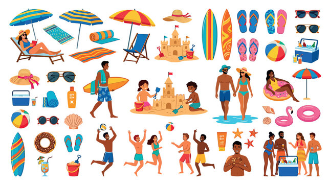 People enjoying summer beach vacation with various objects like umbrellas, surfboards, sandcastles, and beachwear vector illustration set