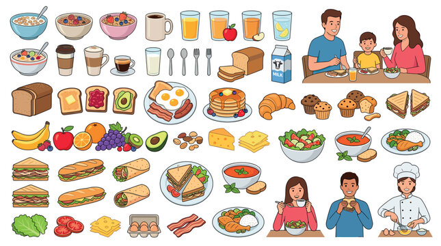 Breakfast food cereal coffee juice toast pancakes croissant muffins sandwiches soup salad chicken eggs bacon people eating cooking vector illustration set