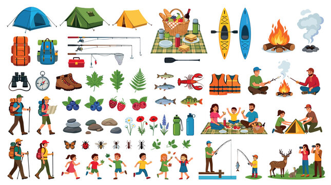 Camping hiking fishing picnic outdoor activity icons set with tents backpacks kayaks campfire people animals and plants vector illustration