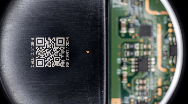 Laser‑Etched QR Code on Refurbished EV Battery Module &ndash; Second Life Battery Macro &ndash; Traceable Cells &ndash; Inspection Ring Light