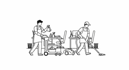 Obraz premium Two people cleaning an office space with carts, sprays, and vacuums