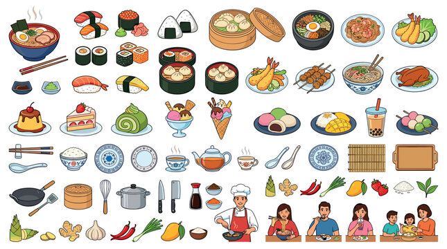 Asian food ramen sushi dim sum noodles tempura mochi dessert tea kitchenware chef family eating vector illustration set