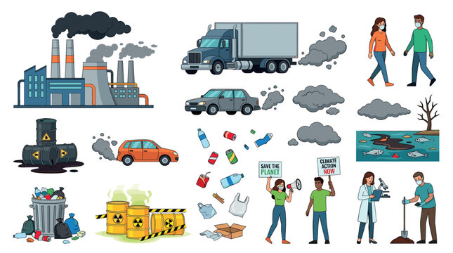 Factory smoke car exhaust oil barrels trash pollution icons set, people protesting climate change, scientists studying environment, flat vector illustration