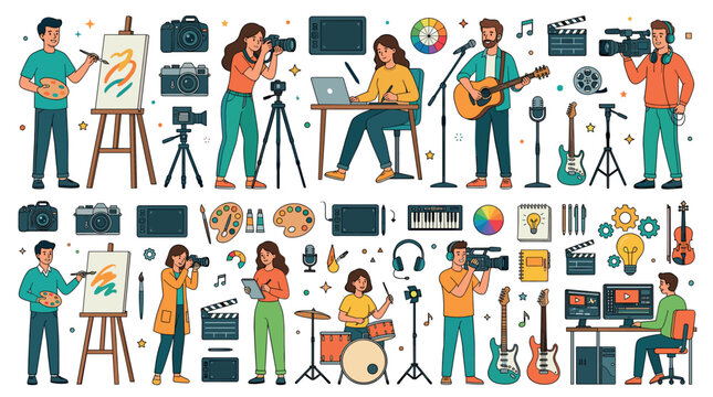 Artists photographers musicians filmmakers designers illustrators creative people set with tools and equipment vector illustration