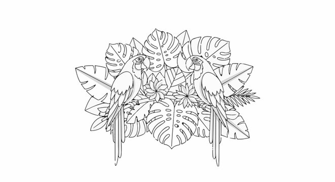 Two parrots perched amidst lush tropical leaves and flowers