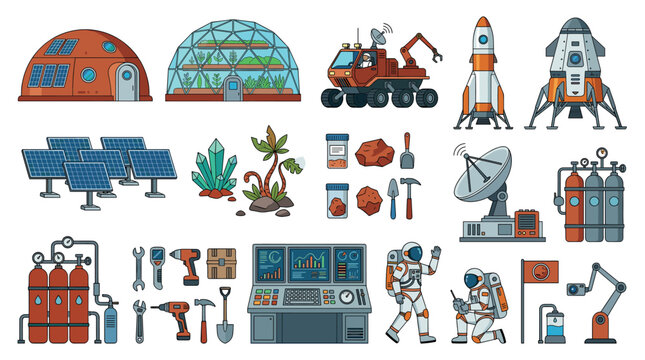 Mars colony habitat greenhouse rover rocket icons set, depicting space exploration and extraterrestrial living in flat design