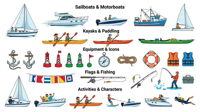 Sailboats motorboats kayaks fishing equipment anchors buoys life vests compass icons set vector illustration