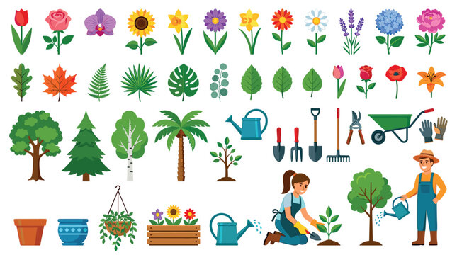 Flowers leaves trees gardening tools and gardeners planting watering flat icon set