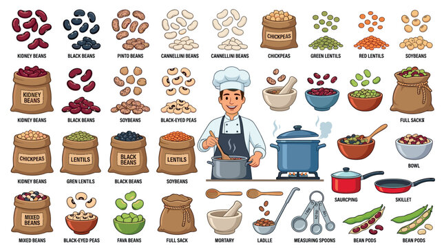 Kidney beans black beans pinto cannellini chickpeas lentils soybeans fava beans cooking ingredients set