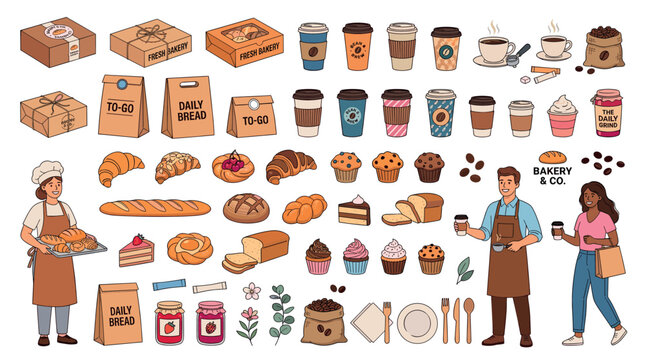 Bakery coffee shop food items set with bread, pastries, cakes, coffee cups, and people, vector illustration
