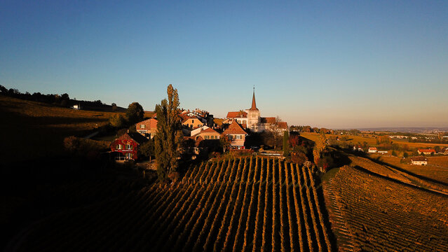 Aerial view of the historic Fechy-Dessus village with its church spire and traditional houses surrounded by terraced vineyards Fechy, Vaud, Switzerland.