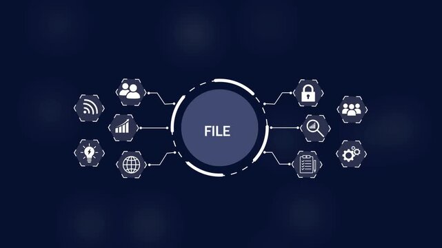 Central circular hub labeled FILE connected by lines to surrounding hexagonal representing data analysis security on Black Background and features 4k Animation video