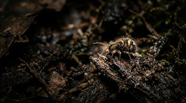 Globular Springtail on Decaying Forest Wood Macro