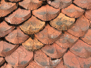 Texture of Japanese fish scales or Chinese fish skin wave and curve pattern. Asian curved fan and fish scales pattern, in brown red color. With flower vase decoration on the front. Seamless background © TMR Studio