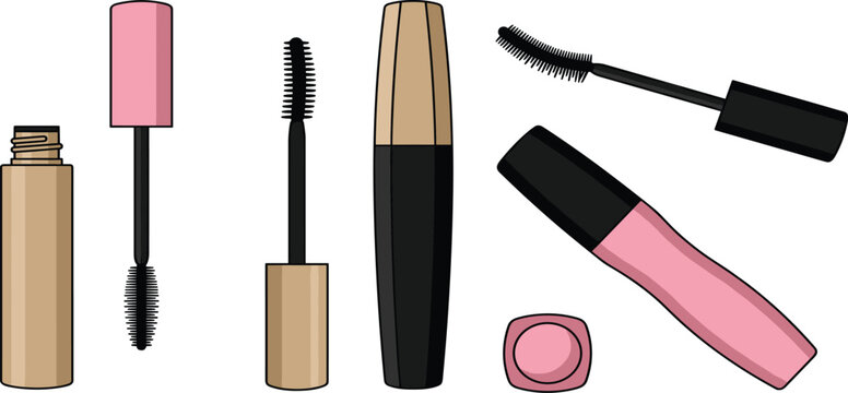 Various cosmetic tubes and applicators for applying eye makeup, including mascara wands and brushes