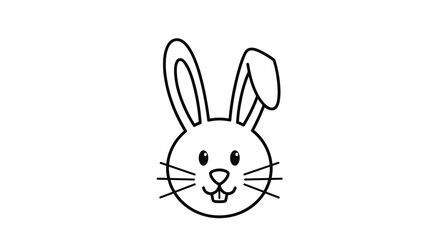 Fototapeta premium Simple black and white line drawing of a cute rabbit face with whiskers and long ears isolated on a clean white background for coloring kids.