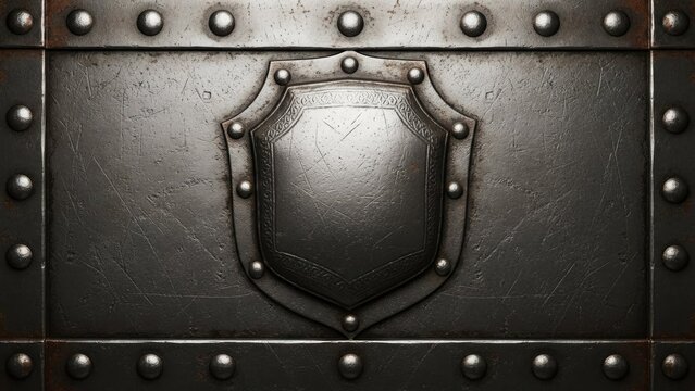 Medieval metal shield on riveted steel plate background