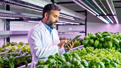 Fototapeta premium young woman in lab coat working with smart farming technology in a sustainable urban garden