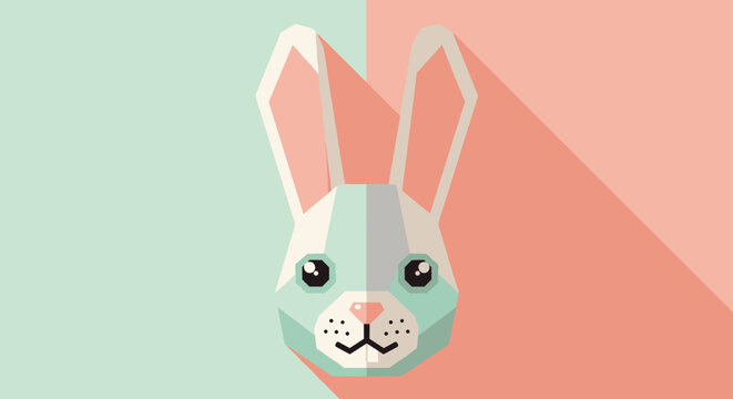 Low-poly geometric illustration of a rabbit face with long ears and big eyes on a two-tone background in a contemporary digital art style.