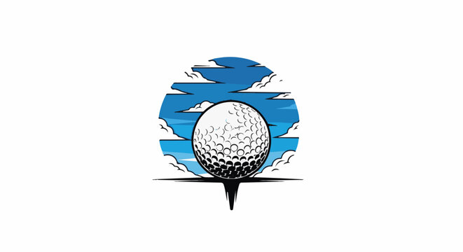 White golf ball on tee against a blue sky with clouds