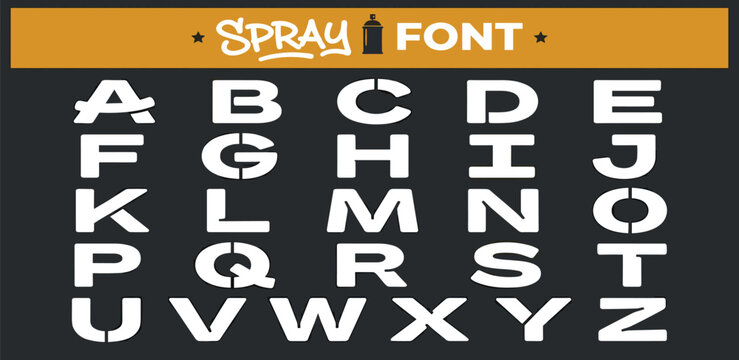 Bold uppercase alphabet in a distinctive stencil font style, reflecting the raw energy of urban street art and spray paint, ideal for impactful graphic design and creative projects
