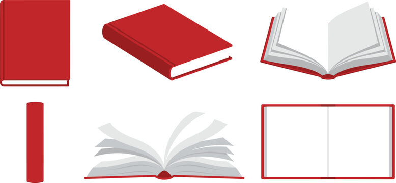 Collection of red books shown from different angles and perspectives, open and closed