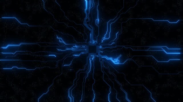Blue circuit board background glowing electronic paths, dotted matrix texture, dark tech depth, digital processor style. AI videos, data visuals, software promos, cyber security intros, futuristic