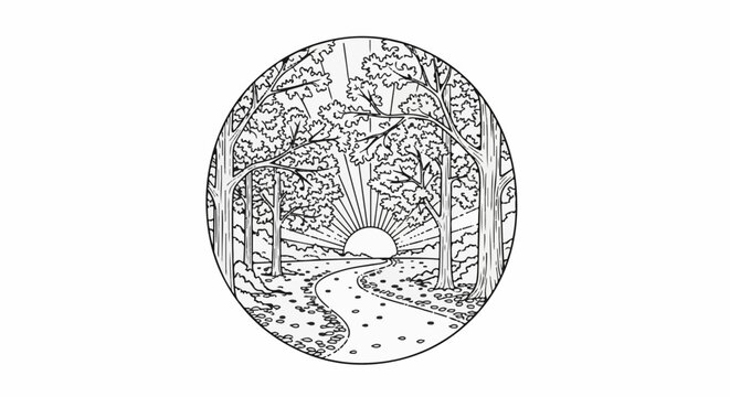 Winding forest path leads to sunrise within an oval frame
