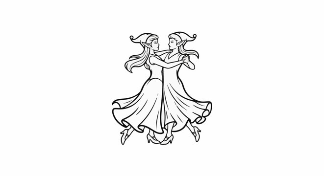Two stylized figures, possibly elves or fairies, dancing together in flowing dresses