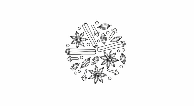 A circular arrangement of various spices including star anise, cinnamon, cloves, and cardamom