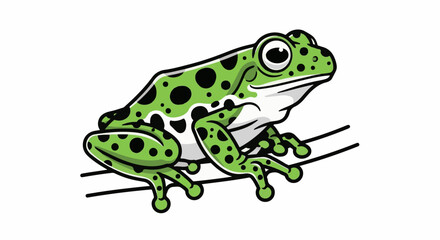 Obraz premium A cartoon green frog with black spots sits on two thin, dark lines