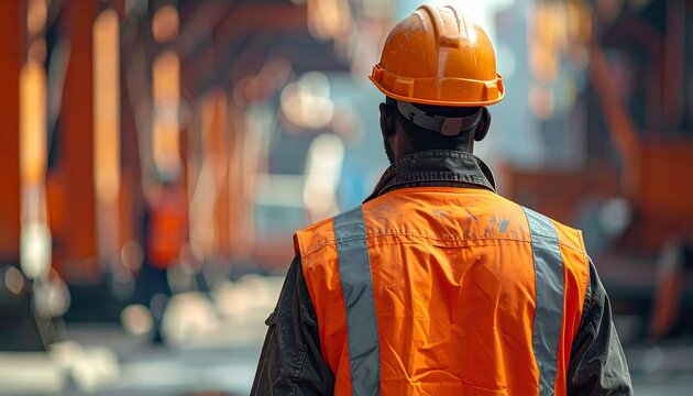ヘルメットを被る作業員の後ろ姿のポートレート