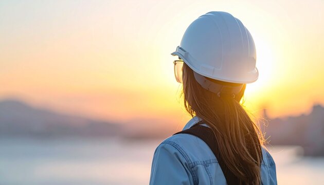ヘルメットを被る作業員の後ろ姿のポートレート
