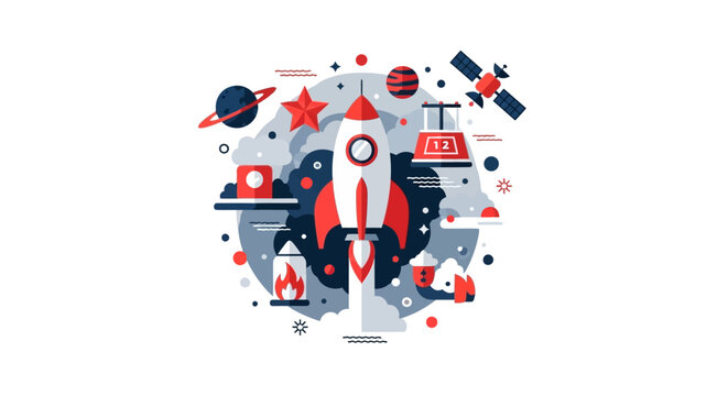 Rocket Ship Launch Illustration with Planets and Satellite, Flat Design Vector Representing Business Startup, Technology, and Space Exploration