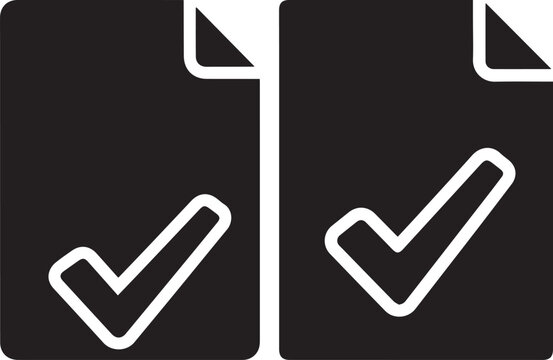 Minimalist document checkmark icons, black paper sheets with white tick symbols, approved file vector graphics for business workflow and verification