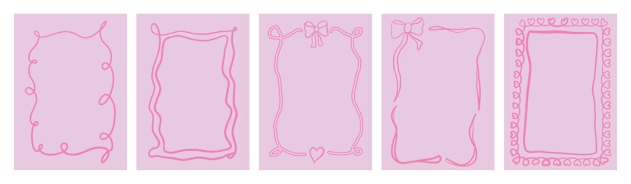 Pink scribble doodle border frame set. hand drawn messy curly lines, bow, heart, lace edge blank space. for romantic valentine card, cute diary page, and notebook layout. flat vector eps.