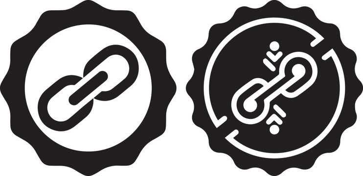 Hyperlink and broken link icons in scalloped circle badges, black and white web connection symbols, digital link status vector graphics