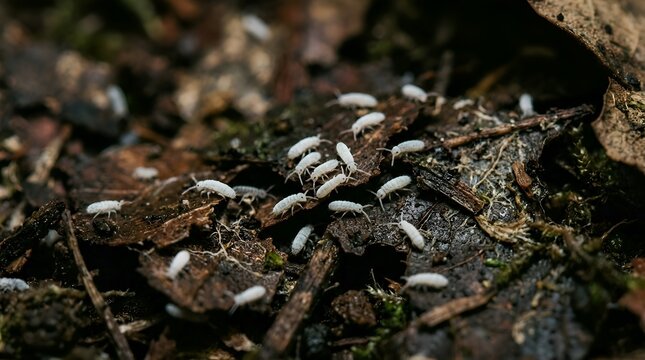 Macro shot of white springtails Collembola on damp forest floor