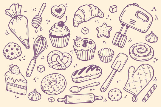 Bakery baking set purple doodle pattern vector