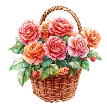 Begonia Basket, semi-realistic fantasy design, magical atmosphere, watercolor painterly illustration, white background