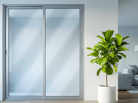 Modern interior with frosted glass sliding doors and fiddle leaf fig plant glass door mockup