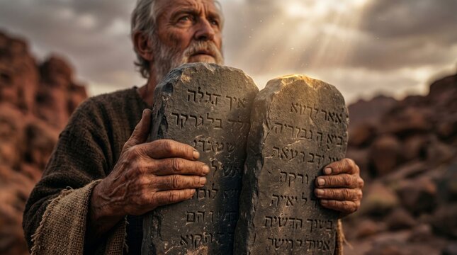 Moses holding two stone tablets with engraving. Prophet standing in desert receiving God law. Biblical religious scene representing old testament faith and ancient spiritual tradition.