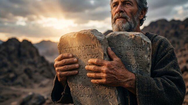 Moses holding the stone tablets with the Ten Commandments. Religious prophet standing in the desert at sunset. Biblical scene of spiritual law and divine connection from the Old Testament.