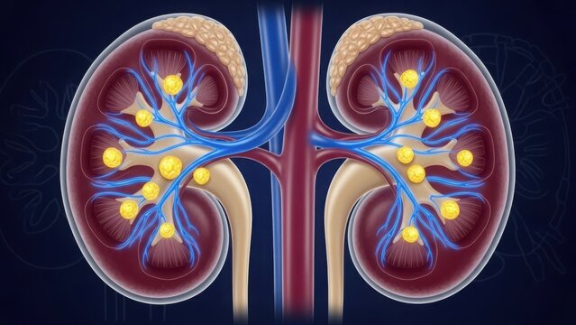 Detailed illustration of human kidneys with blood vessels